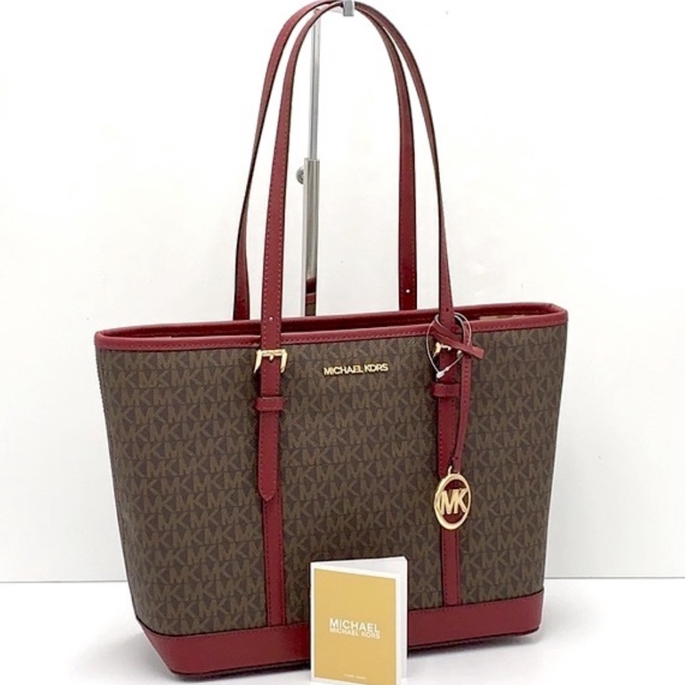 Michael Kors Logo Shoulder Tote Dark Cherry Color 14.75"W X 10"H 5.5"D